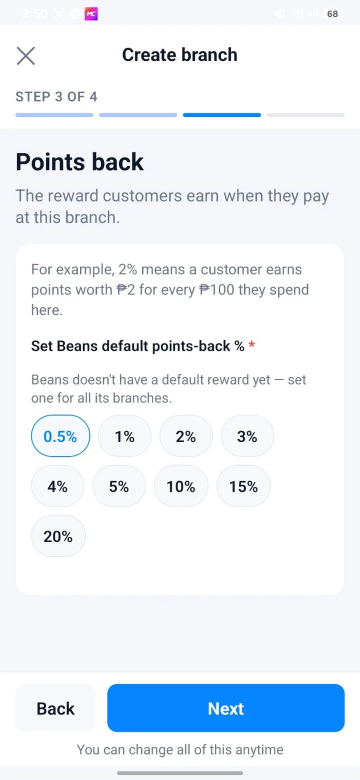 Points-back reward setting